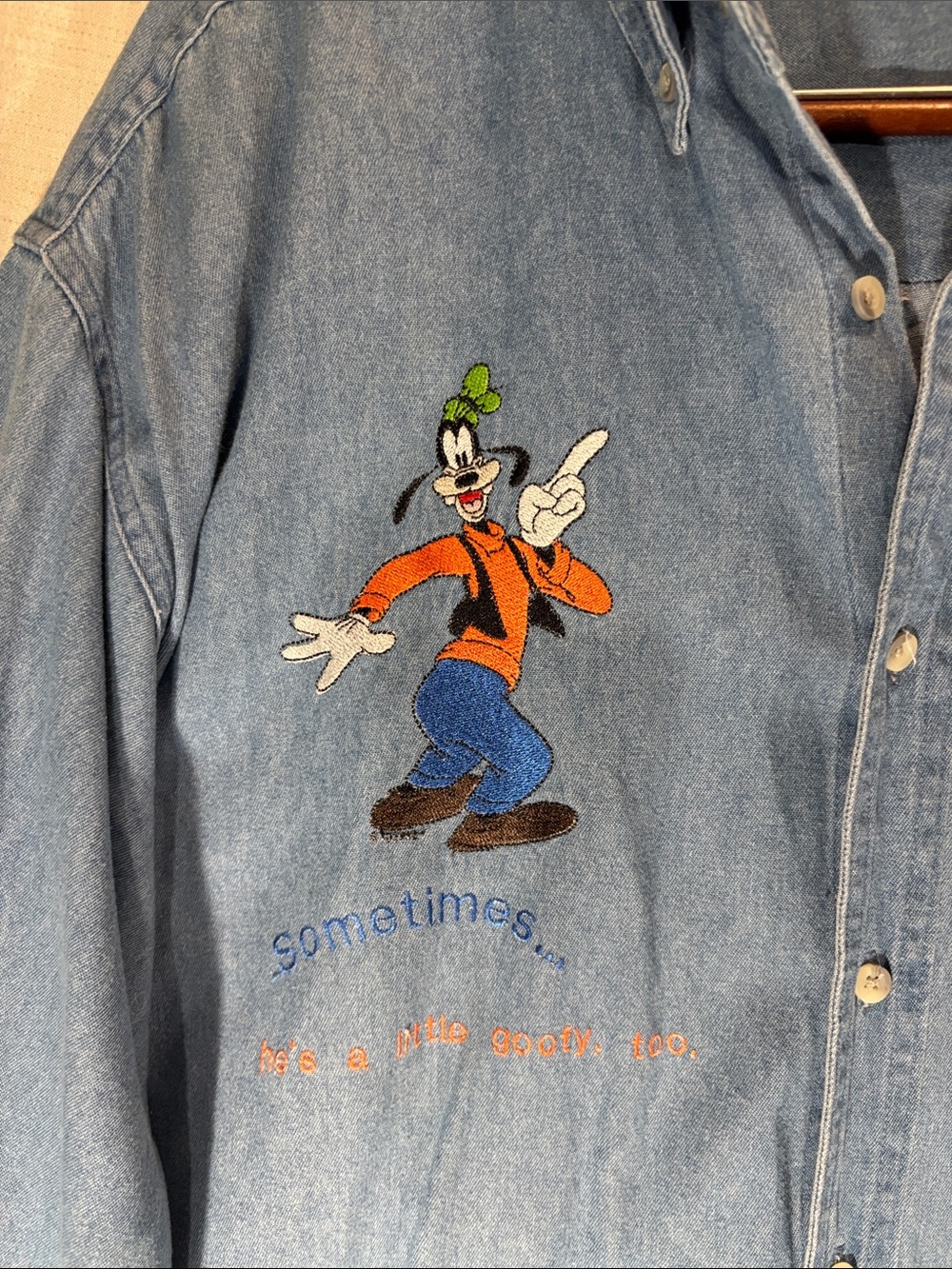 Vintage 90s Disney Goofy Embroidered Denim Button Down Shirt 1XLT Big & Tall - Picture 3 of 9